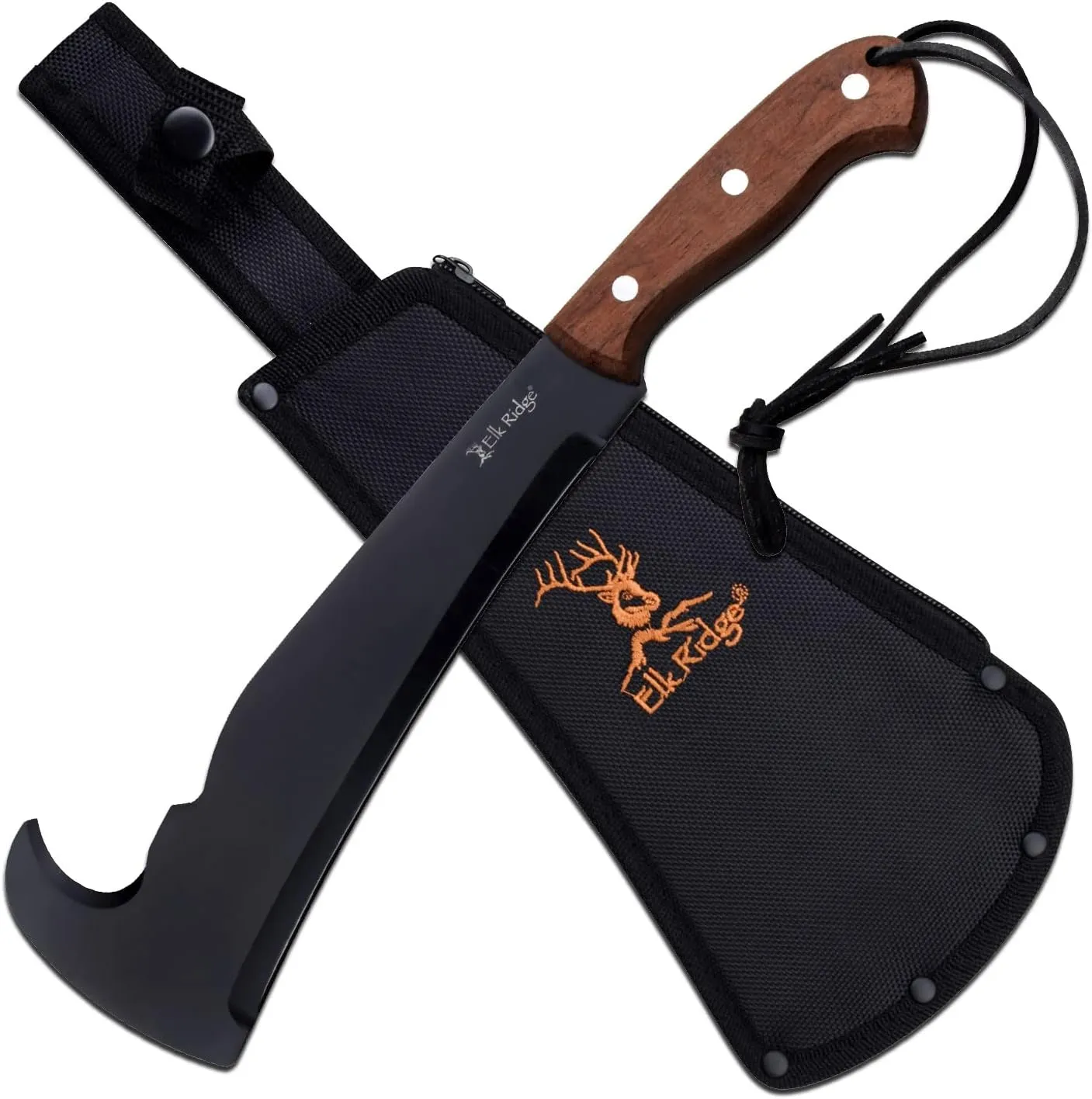 Elk Ridge - Outdoors Fixed Blade Machete, Black Stainless Steel Blade, Full Tang, Brown Wood Handle, Nylon Sheath - Hunting, Camping, Survival - ER-MHT003BK