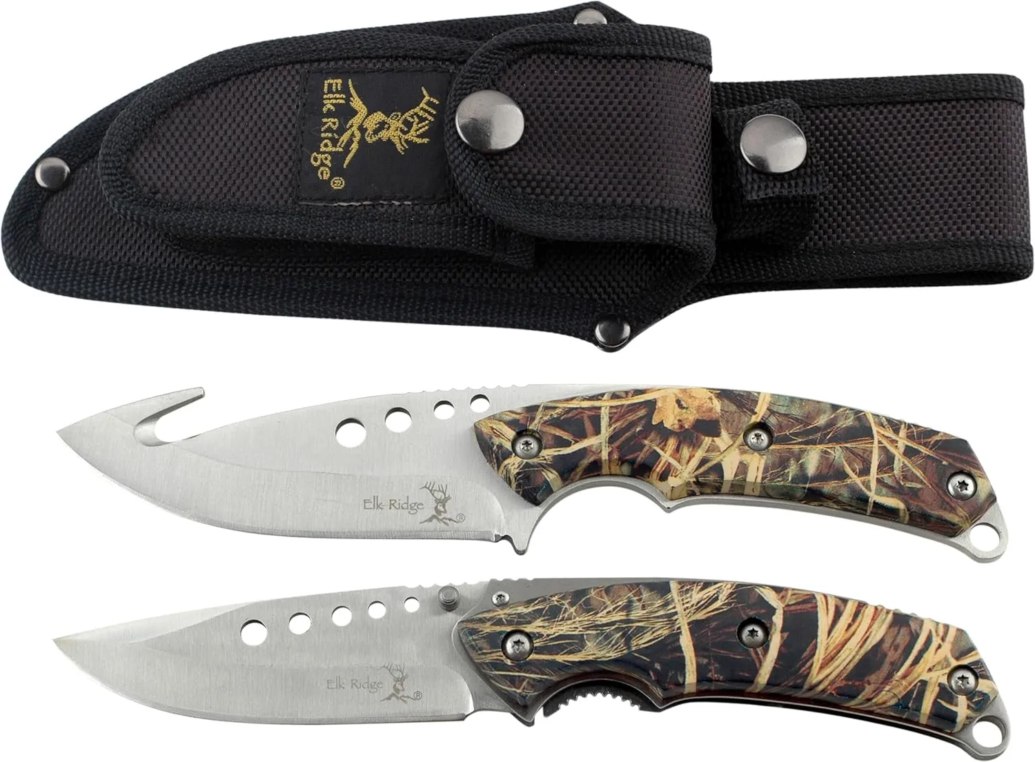 Elk Ridge - Outdoors Hunting Knife Set- 2 PC Fixed Blade and Folding Knife Set, Satin Finished Stainless Steel Blades, Camo Coated Handles, Includes Combo Nylon Sheath - Hunting, Camping, Survival - ER-054CA