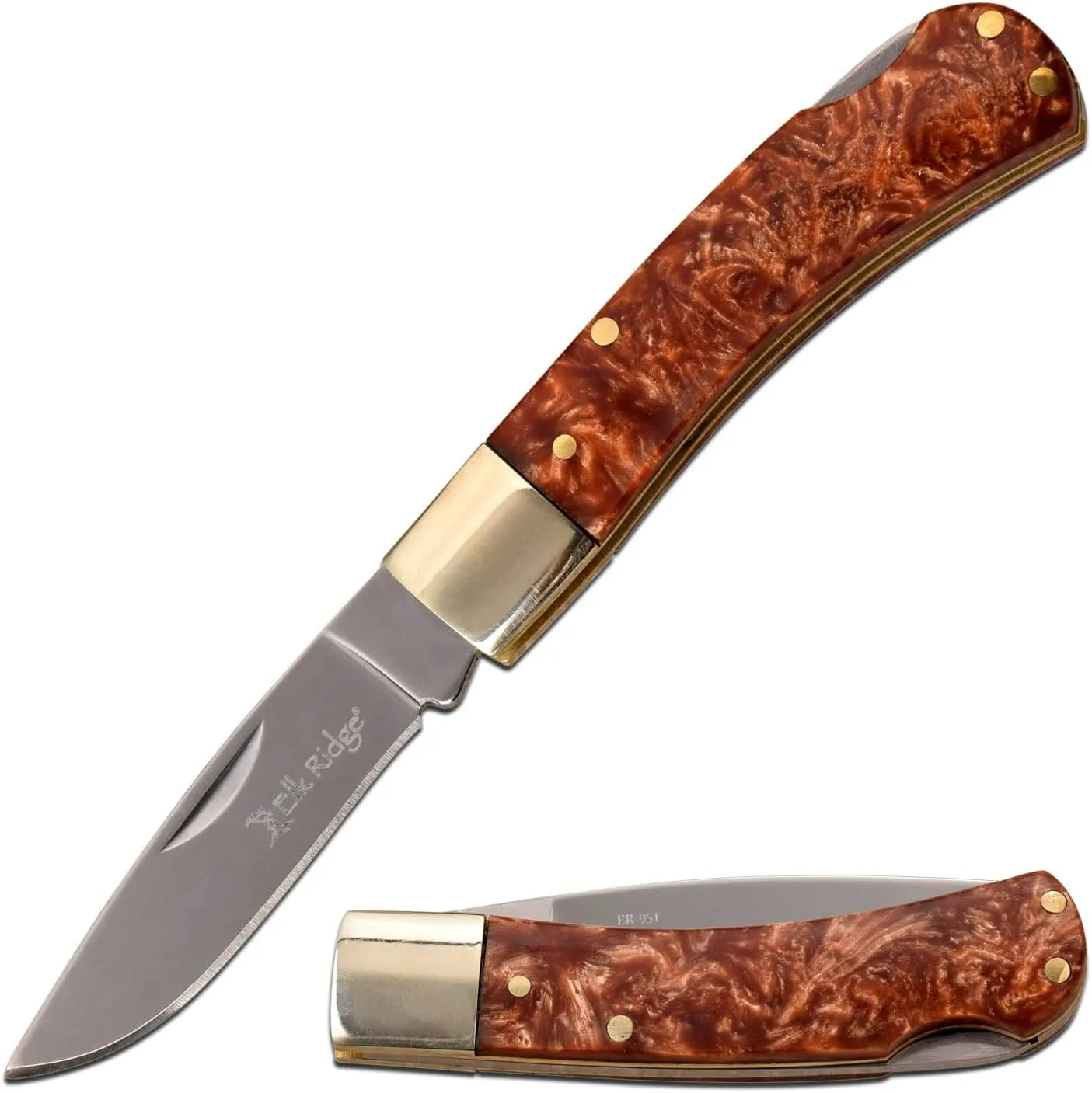 Elk Ridge - Outdoors Manual Folding Gentleman's Knife - 5.25-in Overall, 2.25-in Stainless Steel Blade, Brown Resin Handle with Nickle Silver Bolster - EDC, Camping, Hunting - ER-951BR