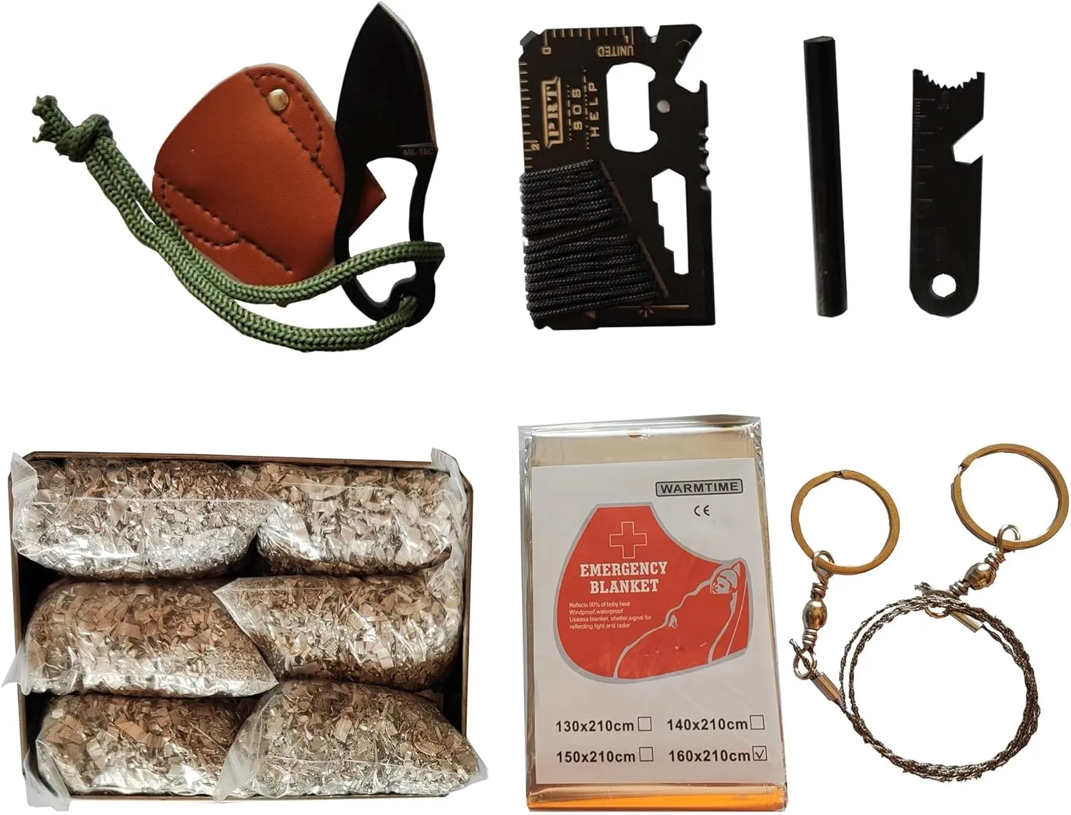 Emergency Fire Starter Magnesium 6 Bag Ferro Striker Multi Purpose Survival Tool Saw Wire Wax Rope for Hiking Camping Bushcraft   Tin Box (FerroStriker   Mg   Tool   Saw   Knife   Blanket)