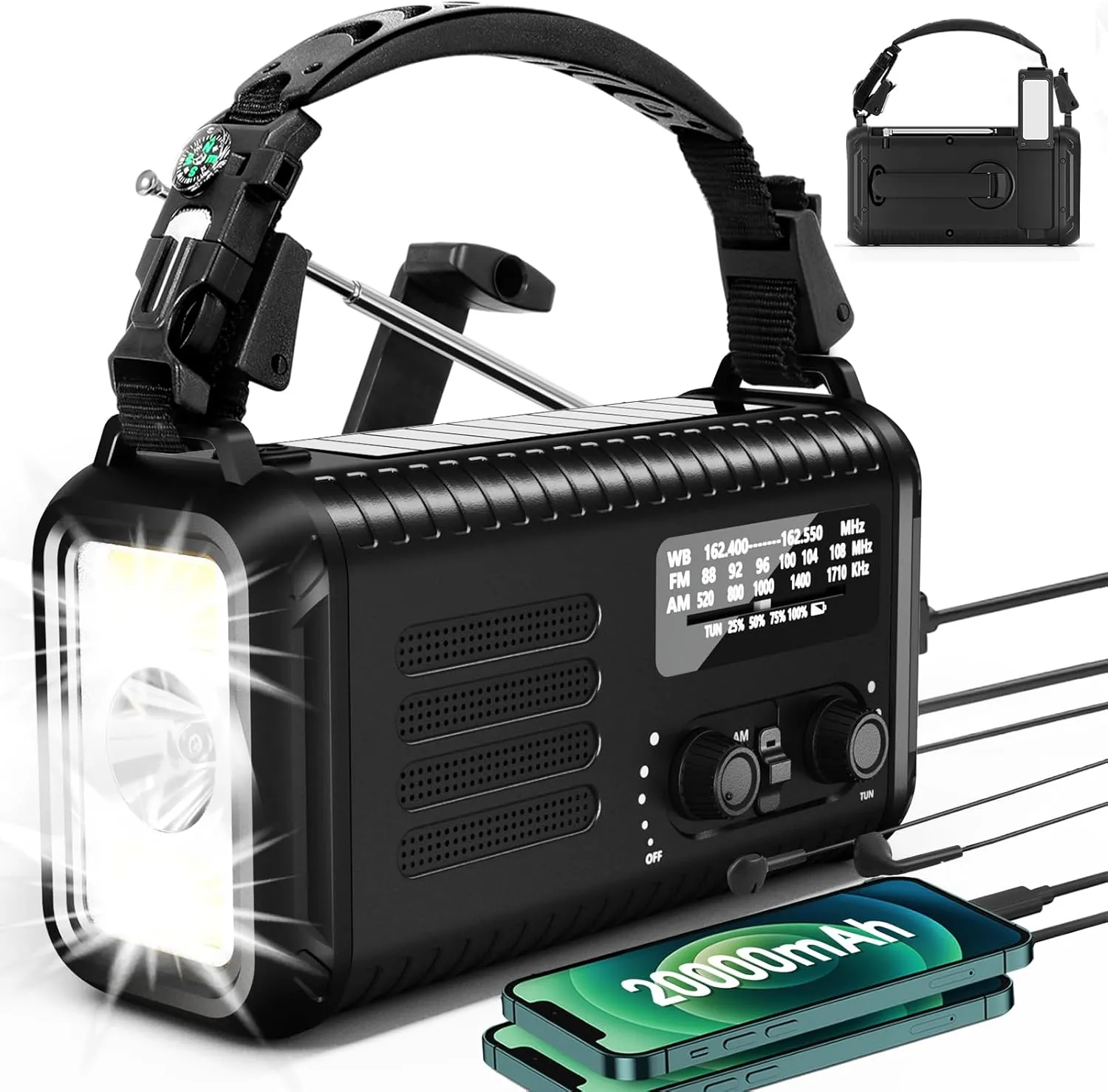 Emergency Hand Crank Weather Radio, Portable Solar Survival Radio with NOAA/AM/FM, 72000mWh/20000mAh Rechargeable Battery, Flashlight Reading Lamp, SOS Alarm Survival Kit for Hurricane,Power Outages