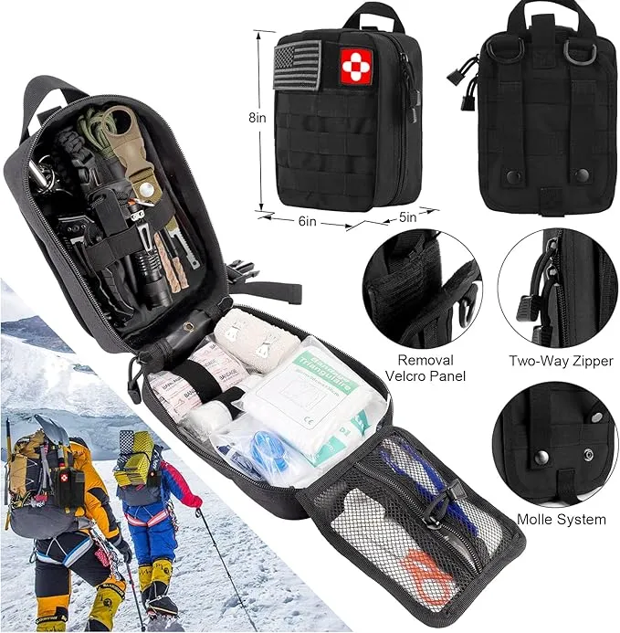 Emergency Survival Kit First Aid Kit, 121Pcs Tactical Gear Camping Gear Emergency Supplies with MOLLE Pouch, Stocking Stuffers for Men Camping Hiking Hunting Outdoor Adventure