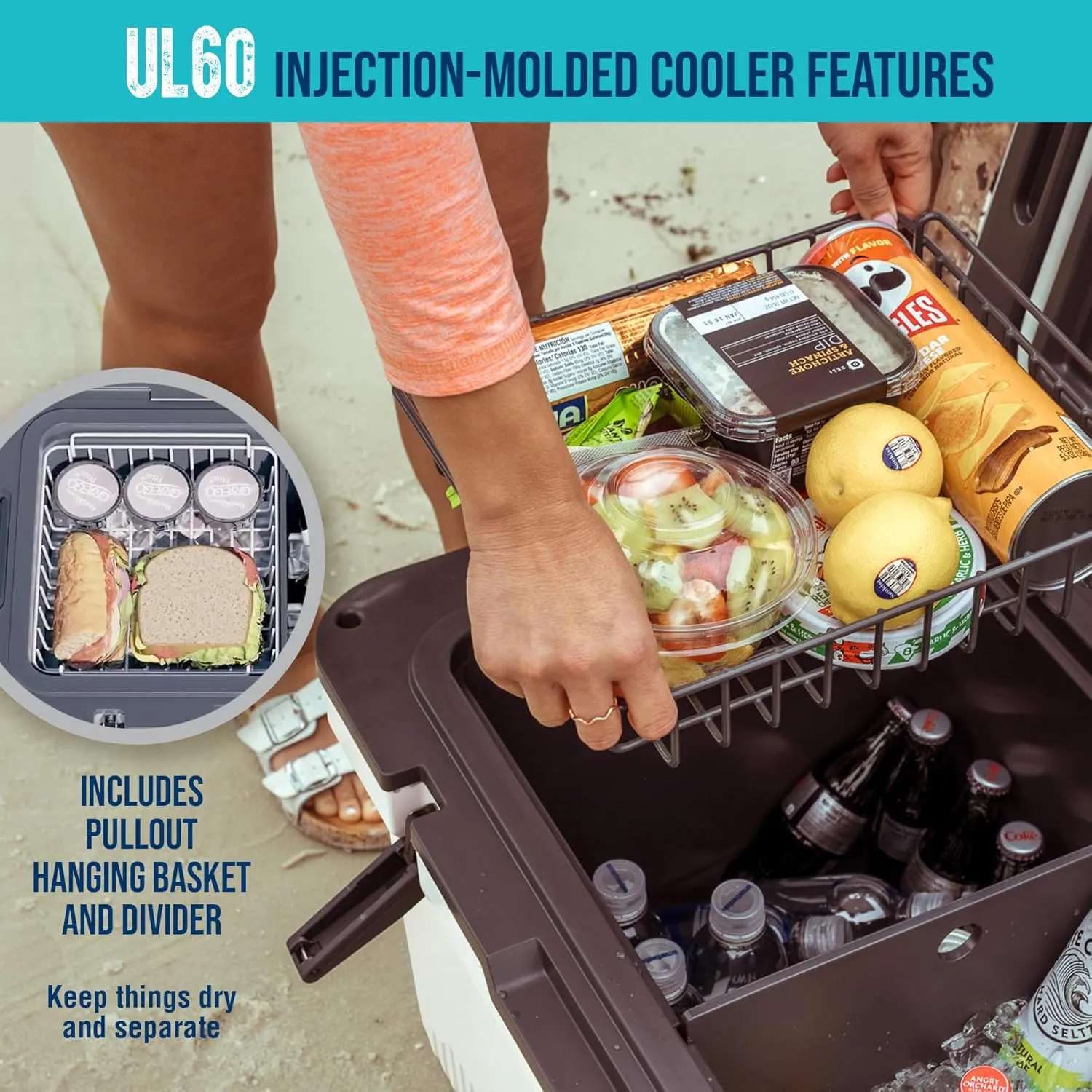 ENGEL 60 QT Ultra-Light Injection Molded Cooler - Ice Chest Keeps Ice up to 7 Days - Large Cooler Includes Wire Basket, Divider and Built-in Bottle Opener