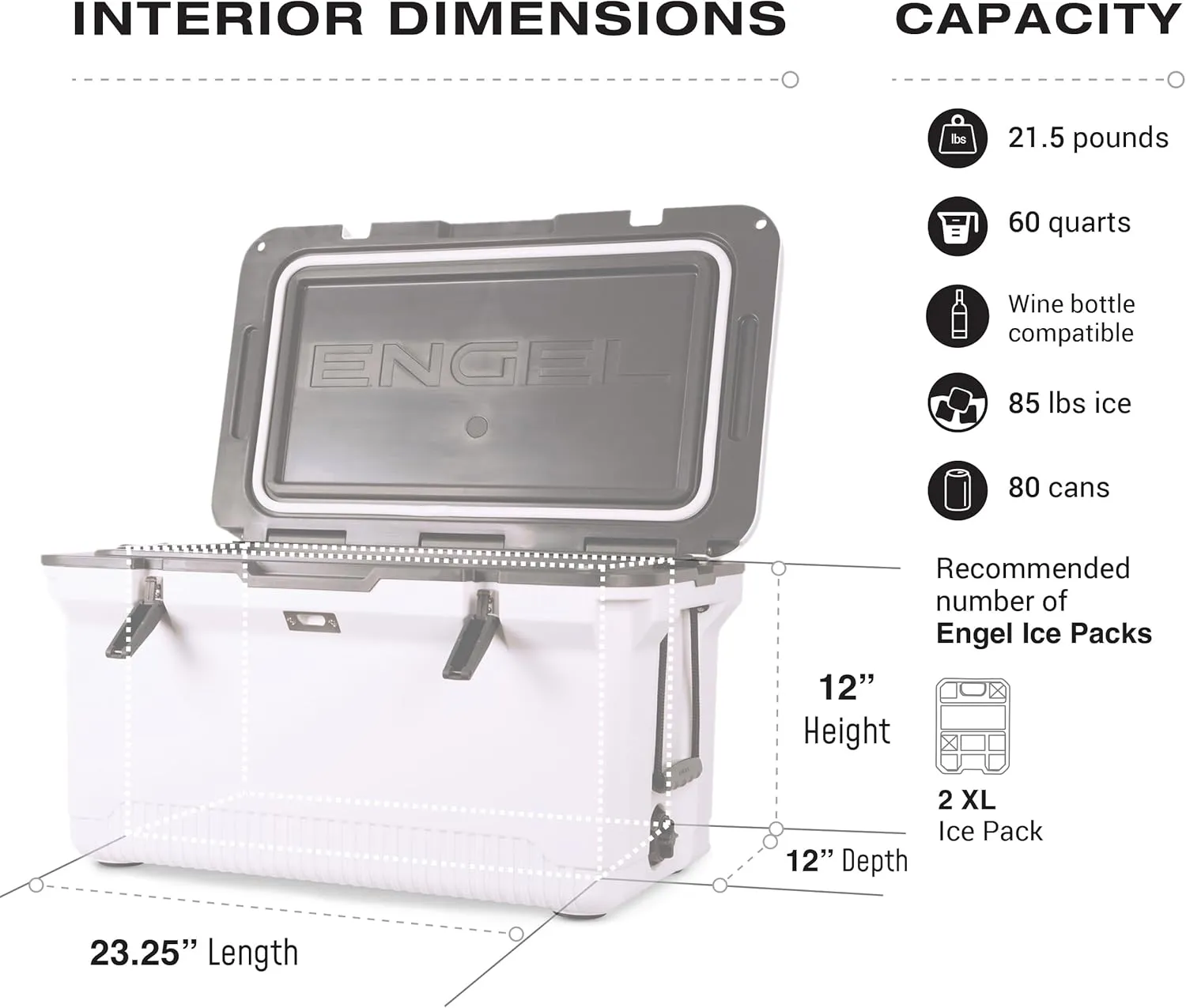 ENGEL 60 QT Ultra-Light Injection Molded Cooler - Ice Chest Keeps Ice up to 7 Days - Large Cooler Includes Wire Basket, Divider and Built-in Bottle Opener