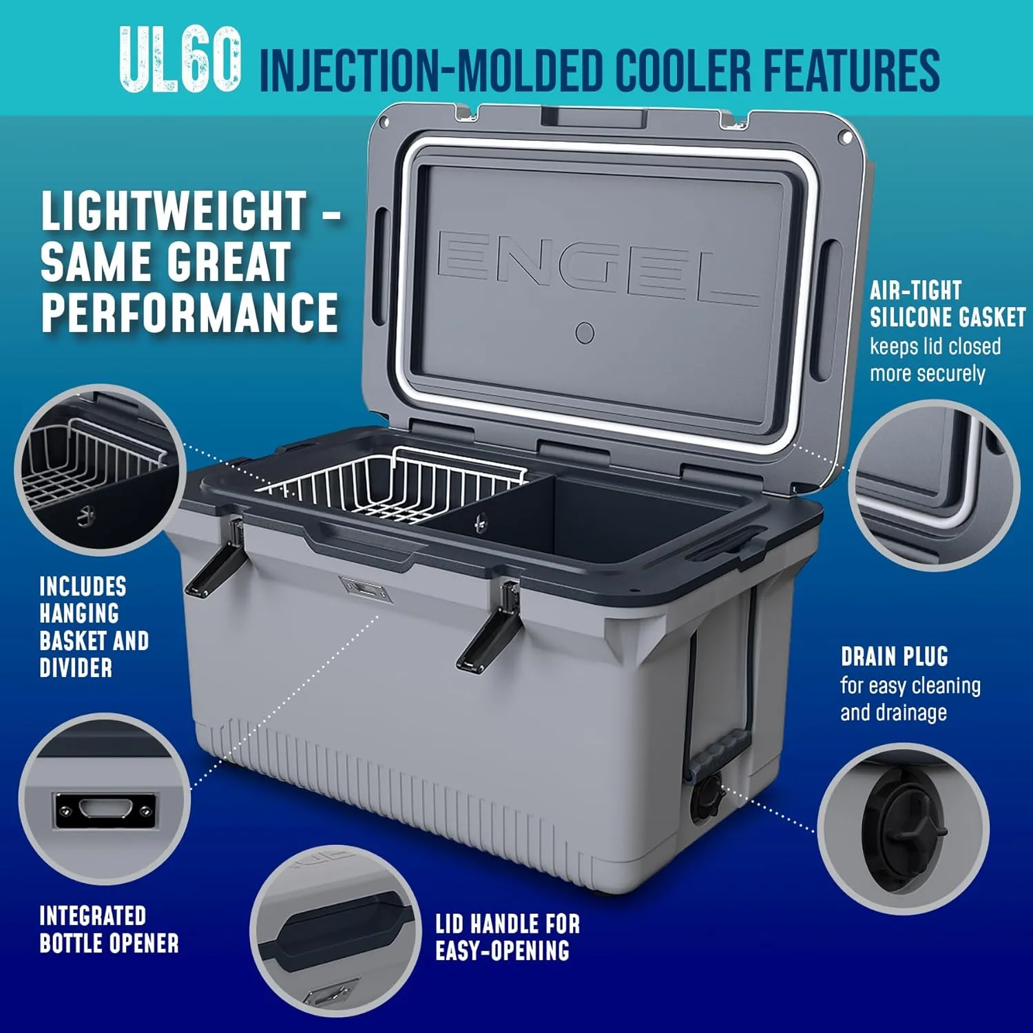 ENGEL 60 QT Ultra-Light Injection Molded Cooler - Ice Chest Keeps Ice up to 7 Days - Large Cooler Includes Wire Basket, Divider and Built-in Bottle Opener
