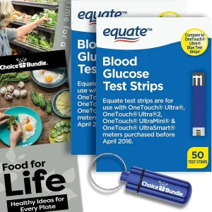 Equate Blood Glucose Test Strips for OneTouch Ultra, Ultra 2, Ultra Mini, One Touch Ultra Smart 50 Ct 2 Pk Choice Bundle (100 Total)   Food Guide & Pill Container (4 Items)!