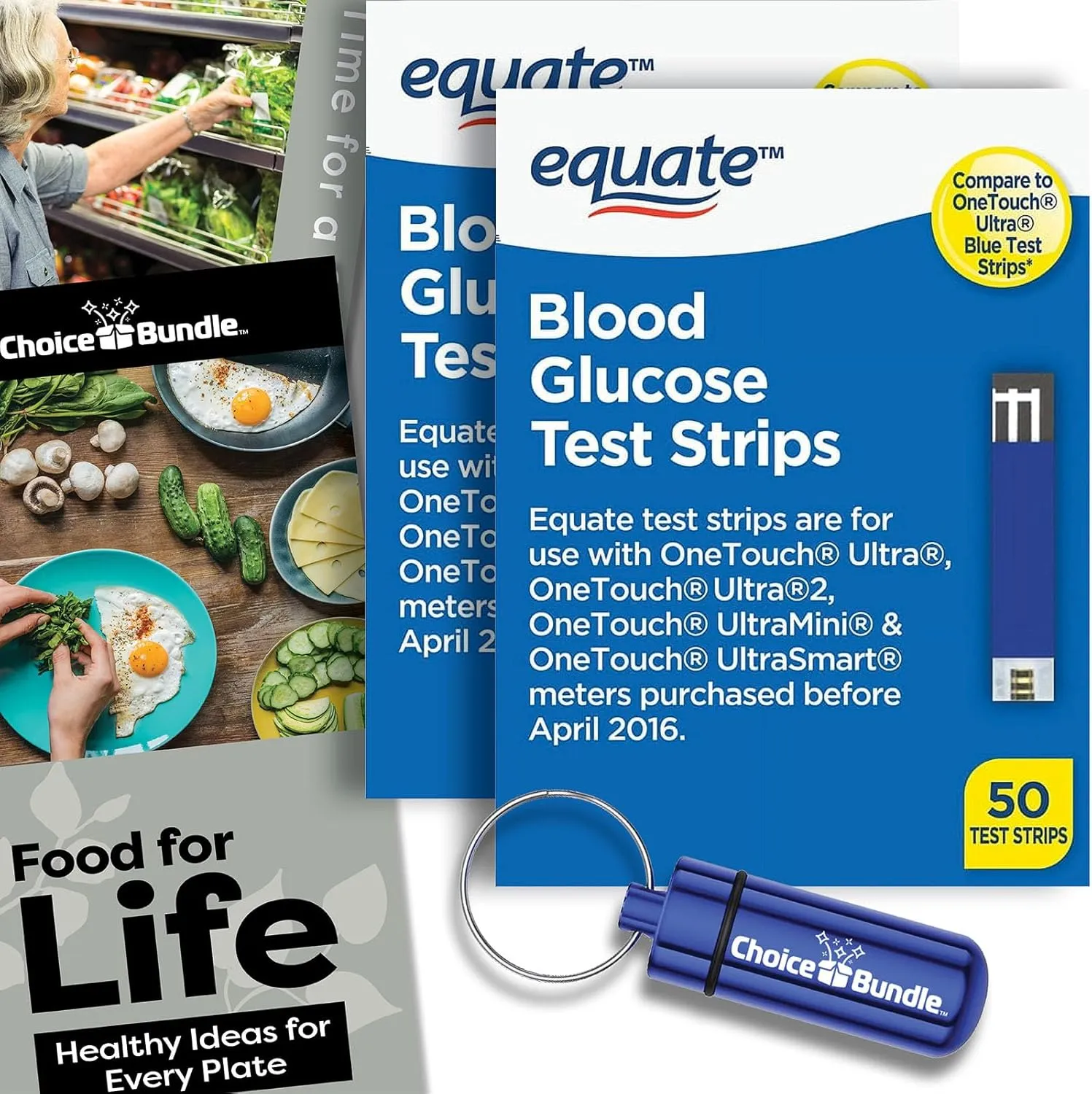 Equate Blood Glucose Test Strips for OneTouch Ultra, Ultra 2, Ultra Mini, One Touch Ultra Smart 50 Ct 2 Pk Choice Bundle (100 Total)   Food Guide & Pill Container (4 Items)!