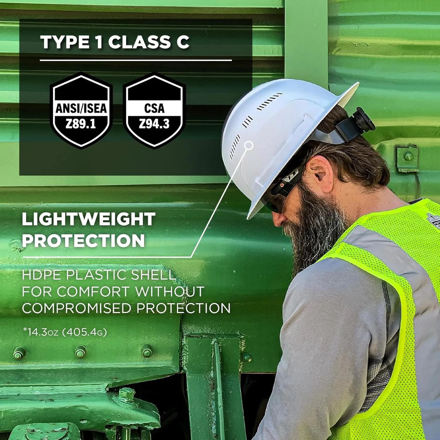 Ergodyne Skullerz 8968 Lightweight Full Brim Hard Hat with Adjustable Venting - Type 1, Class C