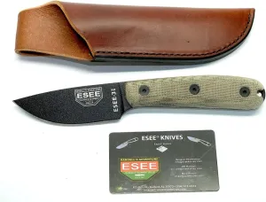 ESEE 3HM Fixed Blade Survival Knife with Black Powder Coated 1095 Steel Blade and Grey Micarta Handle, Leather Sheath