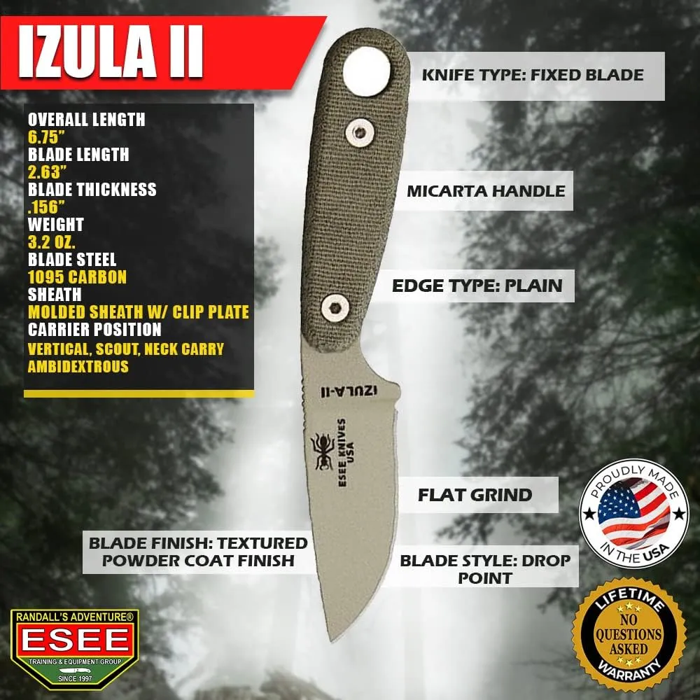 ESEE Izula-II Fixed Blade Knife, Survival Kit, Ambidextrous Sheath, Belt Clip, Made In USA (Desert Tan Blade/Black Sheath/Survival Kit)