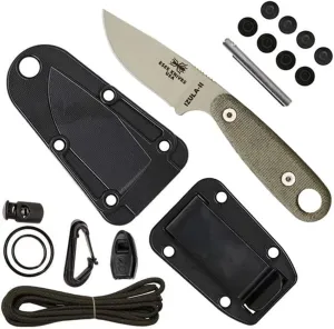 ESEE Izula-II Fixed Blade Knife, Survival Kit, Ambidextrous Sheath, Belt Clip, Made In USA (Desert Tan Blade/Black Sheath/Survival Kit)