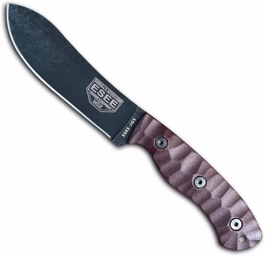 ESEE James Gibson Designed JG5 Nessmuk Fixed Blade Knife w/Sculpted Micarta Handles, Black Oxide Finish, and Brown Leather Pouch Sheath (Burgundy Sculpted Linen Micarta)