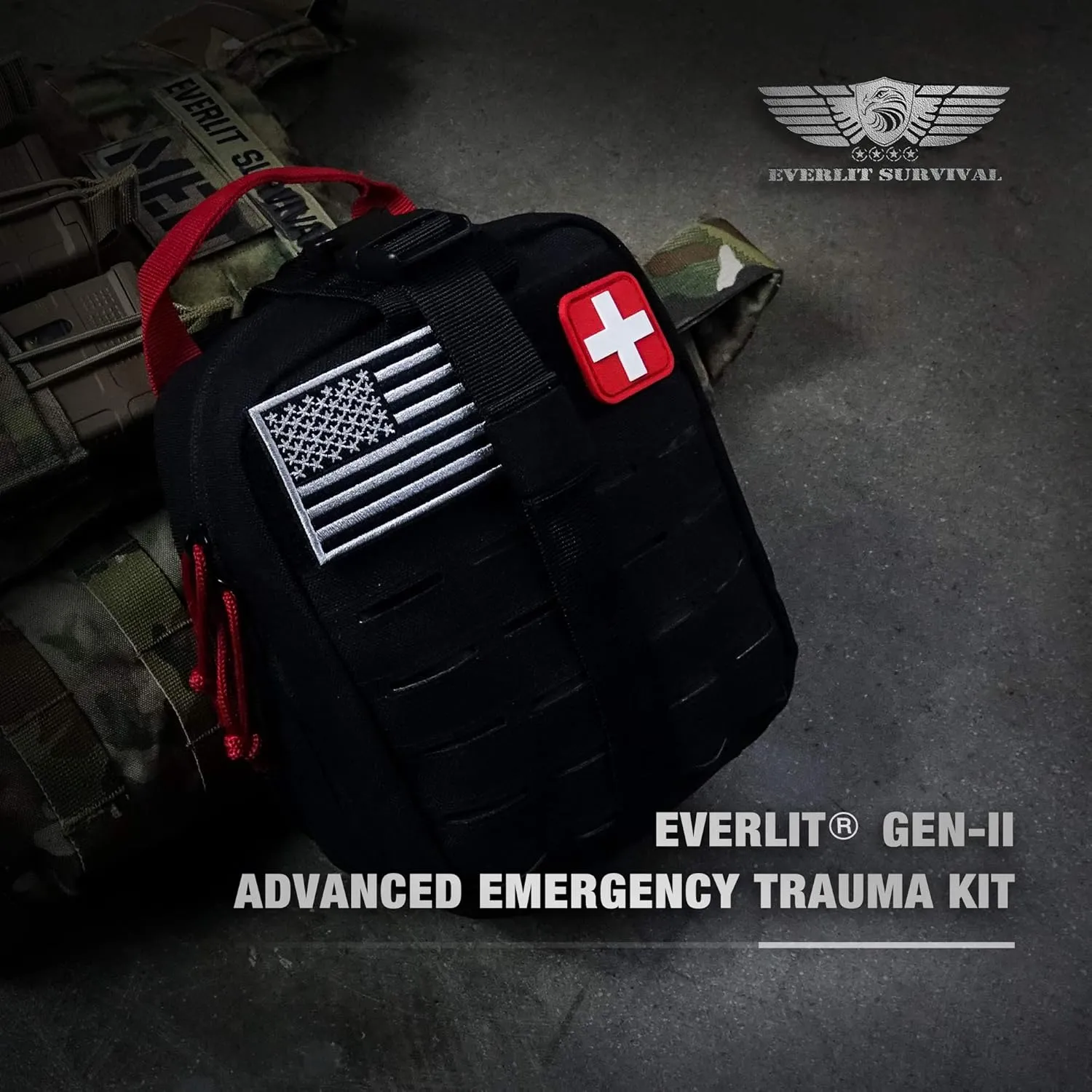 EVERLIT Advanced Emergency Trauma Kit, CAT GEN-7 Tourniquet Mil-Spec Nylon Laser Cut Pouch with 36" Splint, Military Combat Tactical IFAK for First Aid Response Bleeding Control