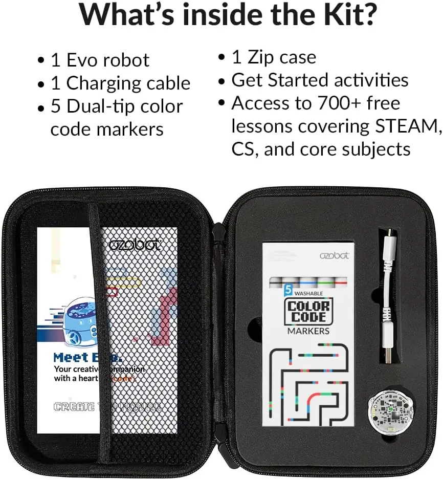 Evo Entry Kit: Interactive Coding Robot, Kids Ages 5 , Includes Color Code Markers, Charging Cable, Zip Case, Access to 700  STEM Lessons - Educators & Parents, No Coding Experience Required