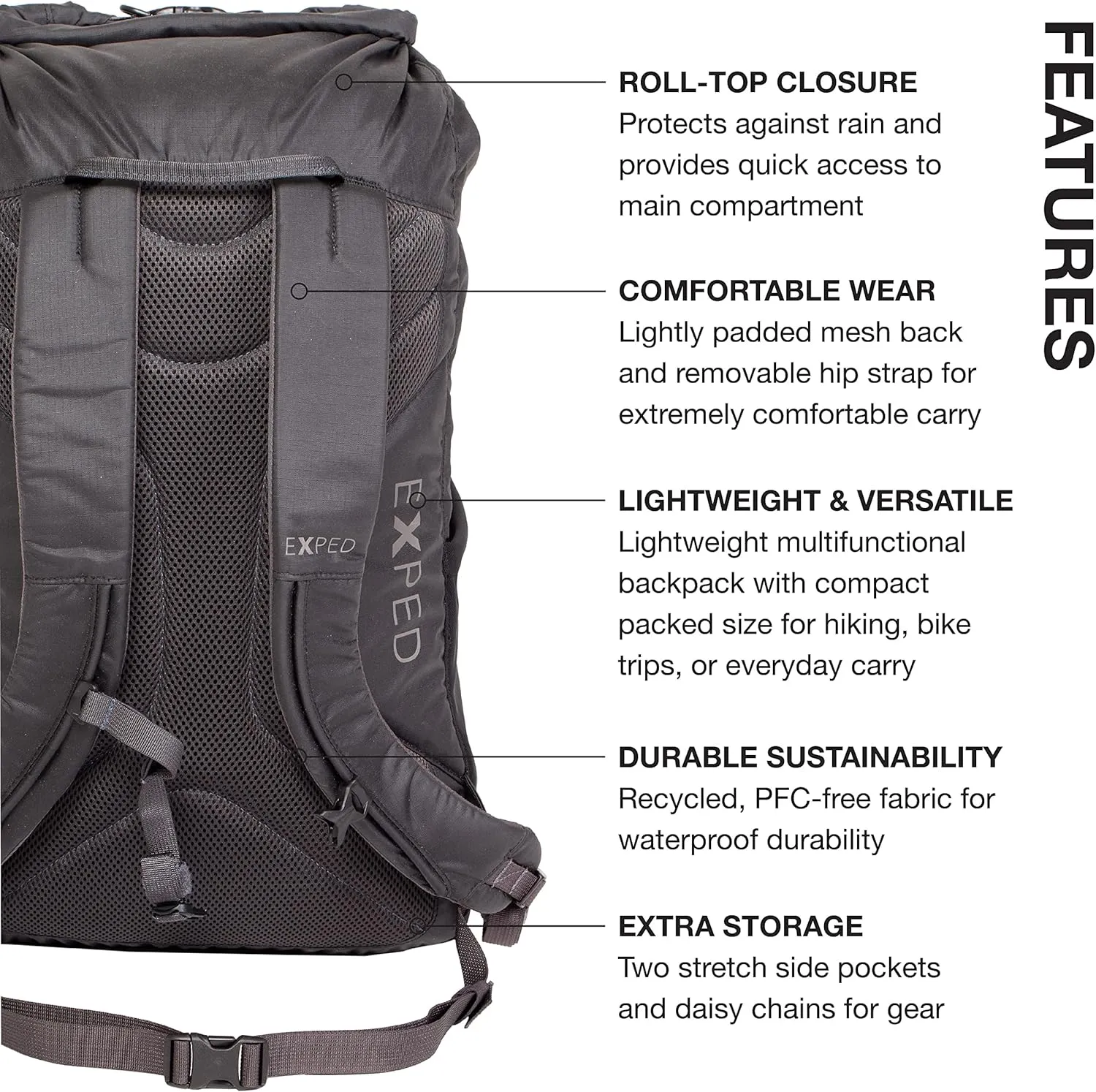 Exped Typhoon 25 Backpack - Waterproof Lightweight Multifunctional Roll-Top Travel Daypack with Compact Packed Size, Black, 25L