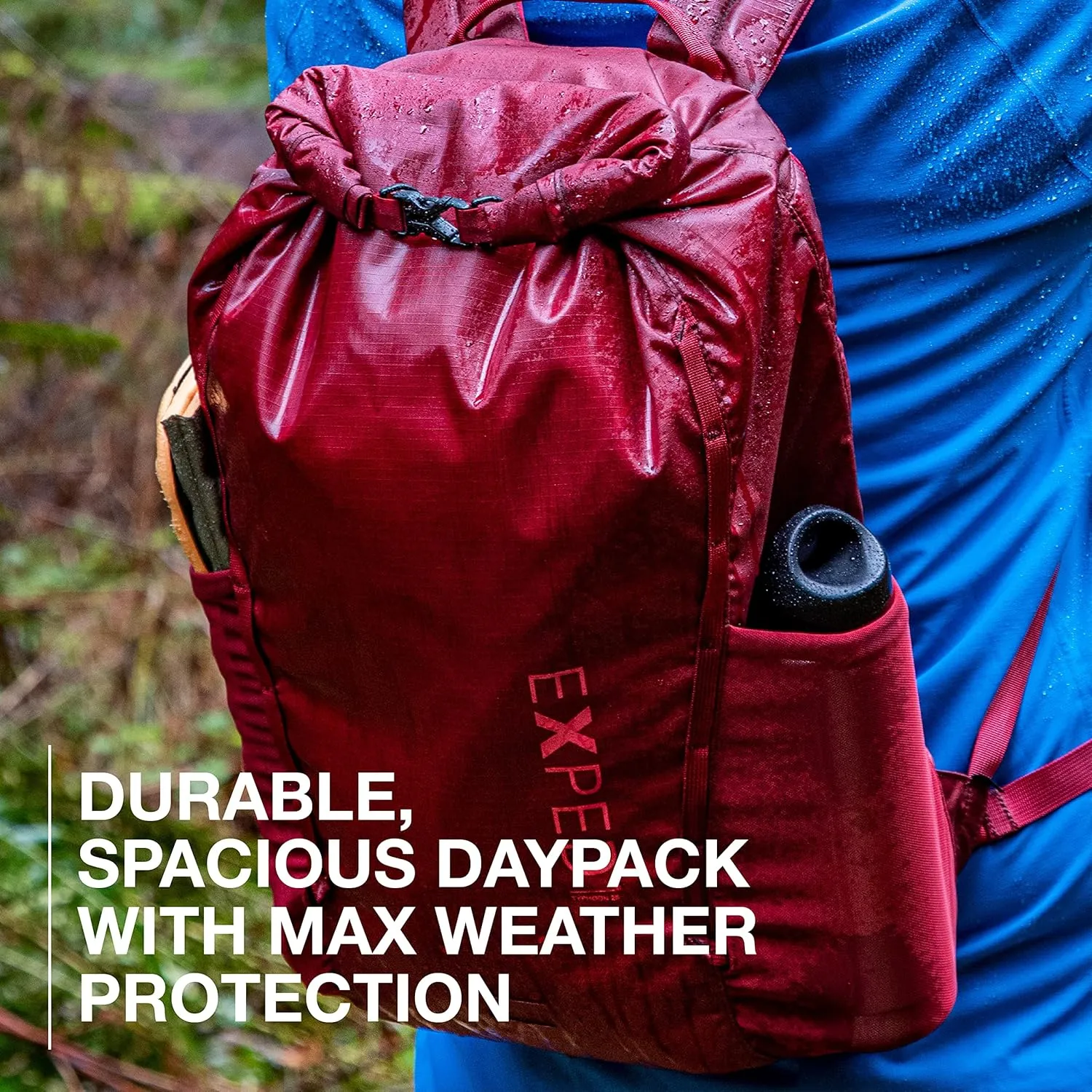 Exped Typhoon 25 Backpack - Waterproof Lightweight Multifunctional Roll-Top Travel Daypack with Compact Packed Size, Burgundy, 25L