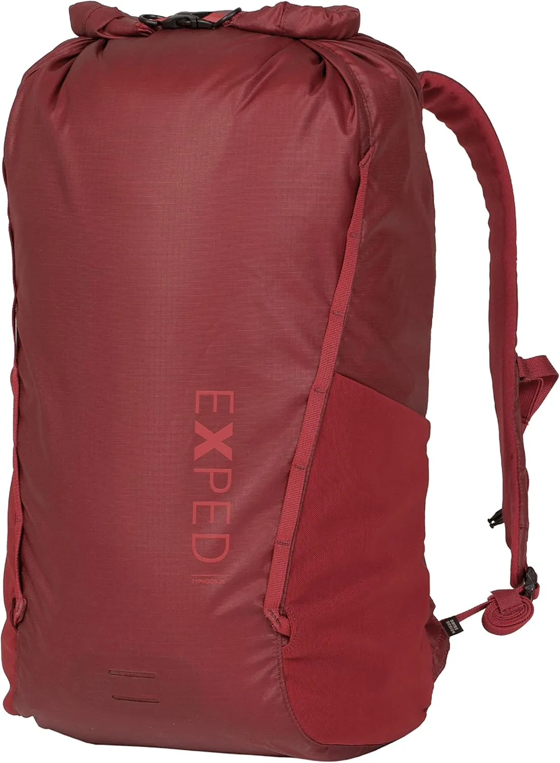 Exped Typhoon 25 Backpack - Waterproof Lightweight Multifunctional Roll-Top Travel Daypack with Compact Packed Size, Burgundy, 25L