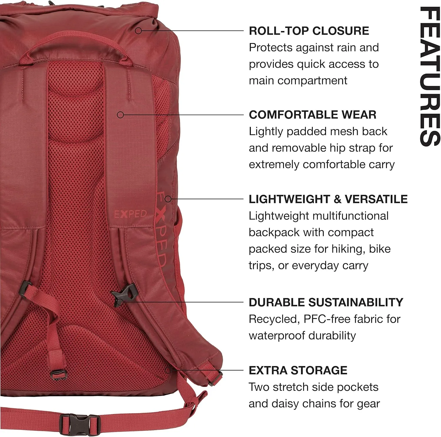 Exped Typhoon 25 Backpack - Waterproof Lightweight Multifunctional Roll-Top Travel Daypack with Compact Packed Size, Burgundy, 25L