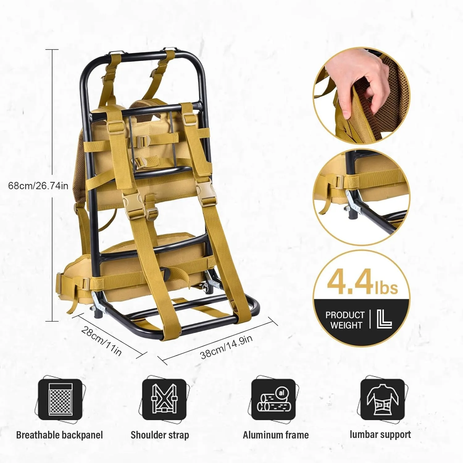 External Frame Hiking Backpack,Heavy Duty Aluminum Frame Hiking Backpack,Foldable Hunting Pack Frames Hikings Backpacks Frames Can Load 132Lbs For Hikings,Travel,Mountaineering,Hunting,Khaki