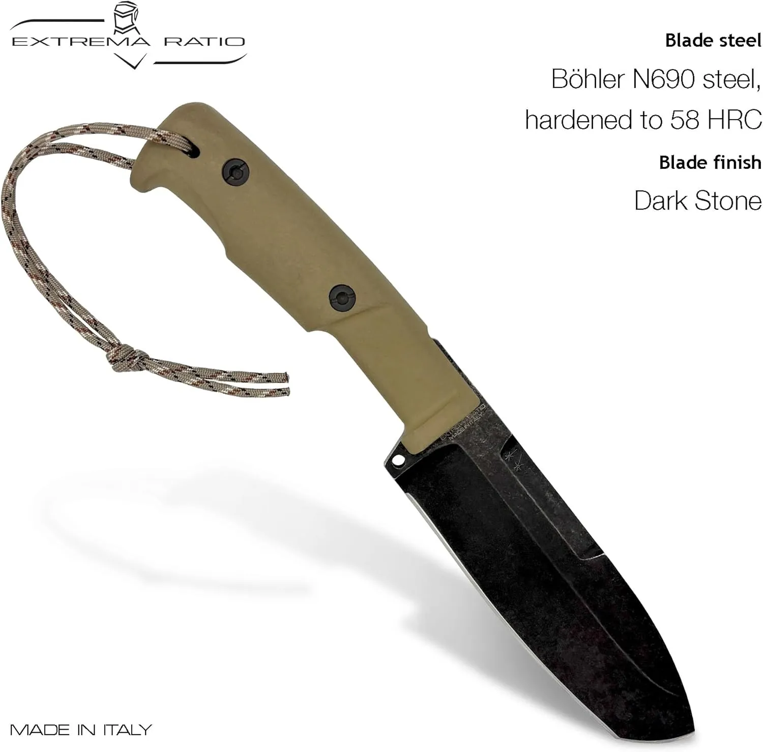 Extrema Ratio - Selvans Expeditions (Desert) Fixed Blade Knife, Böhler N690 Steel Blade Hardened to 58 HRC, Dark Stone Finish, Full-Tang Design, Ergonomic Forprene Handle, Handcrafted in Italy, Heavy-Duty Outdoor Knife
