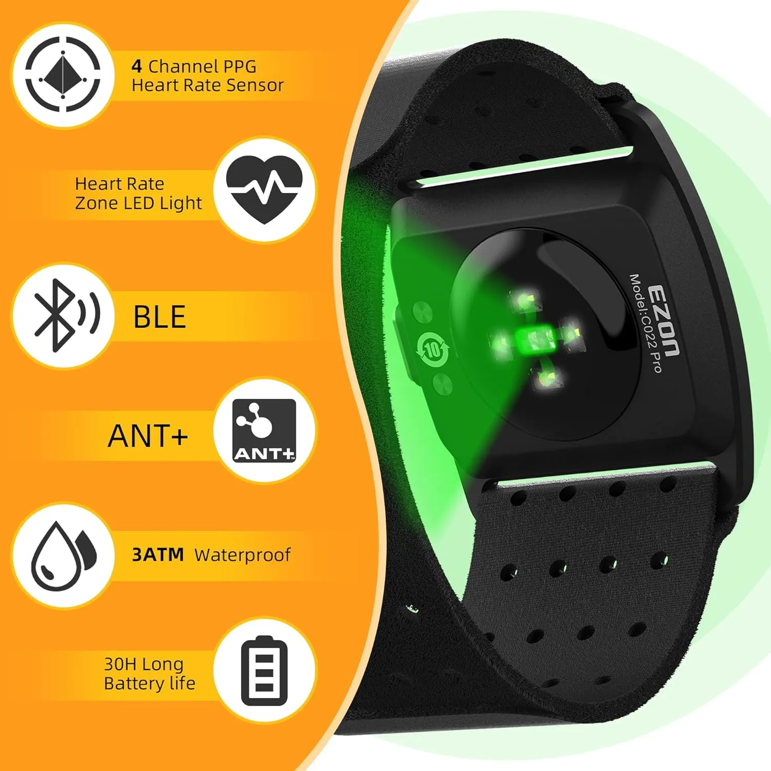 EZON C022Pro Heart Rate Monitor Armband with ANT  & Bluetooth, LED HR Zone Indicator Lights,3ATM Waterproof, Adjustable Arm Strap for Running Cycling Gym, Compatible with Peloton/Wahoo/Strava