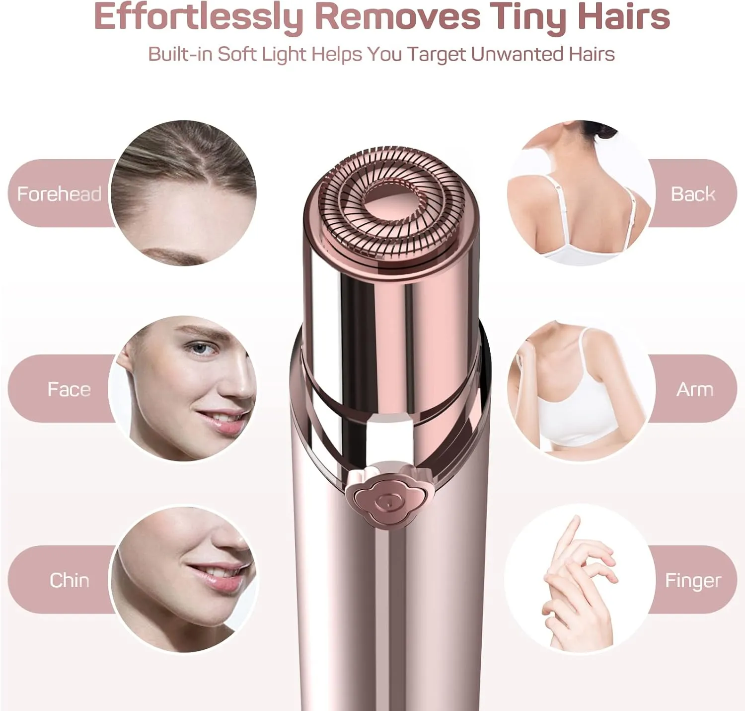 Facial Hair Removal for Women, Electric Painless Facial Hair Remover, Rechargeable Hair Removal Device for Face, Lip, Chin with 2 x Replacement Heads, Rose Gold