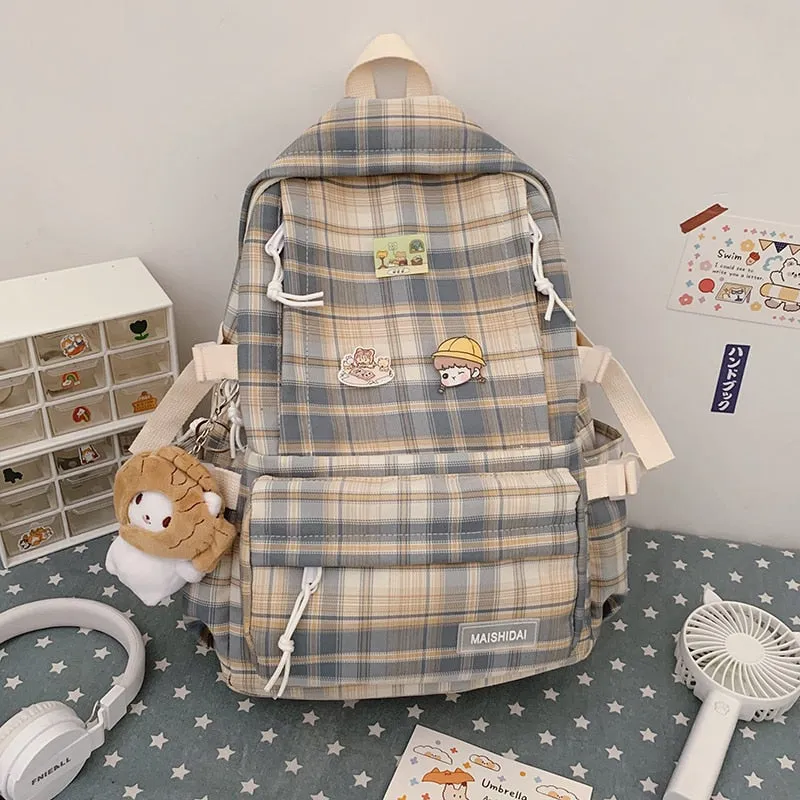 Fashionable Korean Style Waterproof Plaid Checkered School Backpack