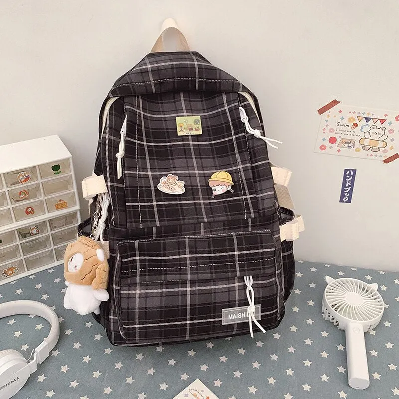 Fashionable Korean Style Waterproof Plaid Checkered School Backpack