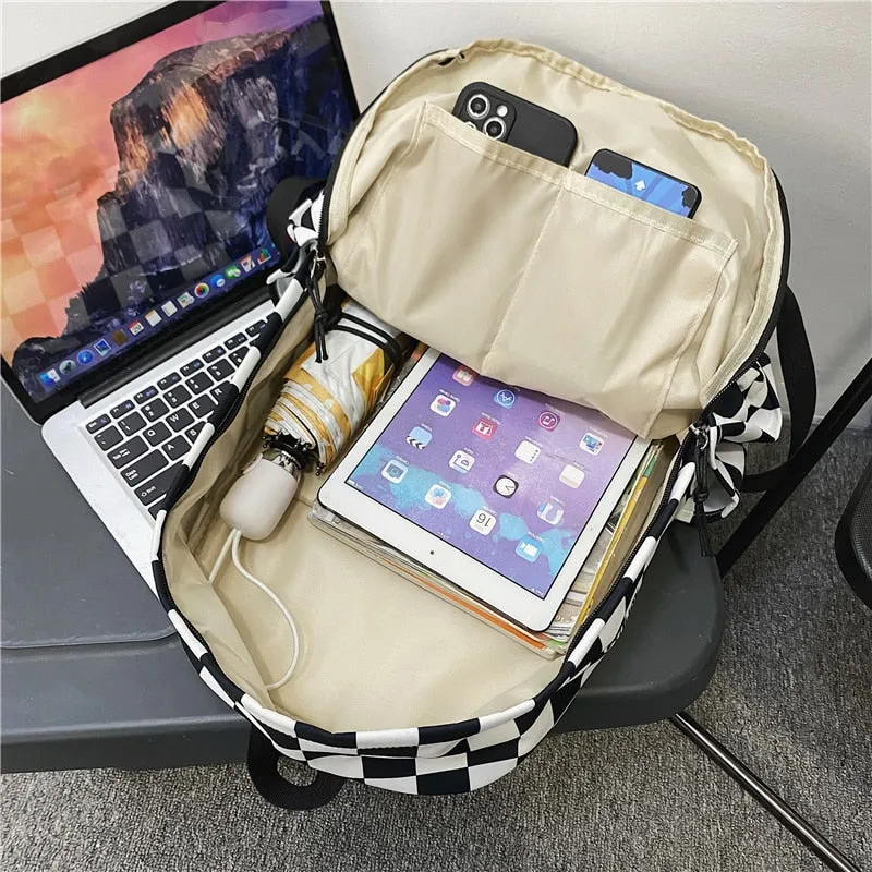 Fashionable Korean Style Waterproof Plaid Checkered School Backpack