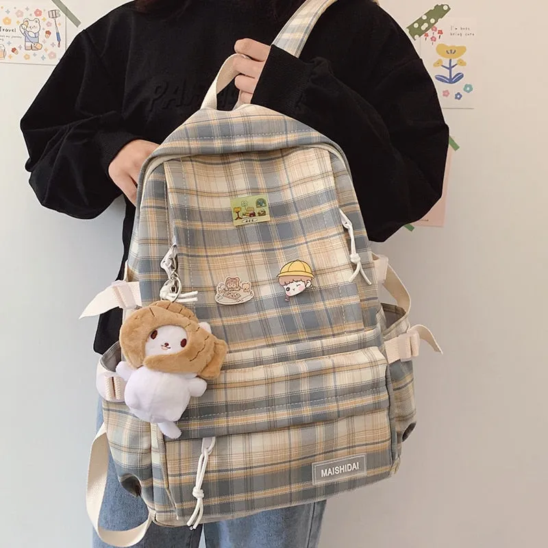 Fashionable Korean Style Waterproof Plaid Checkered School Backpack