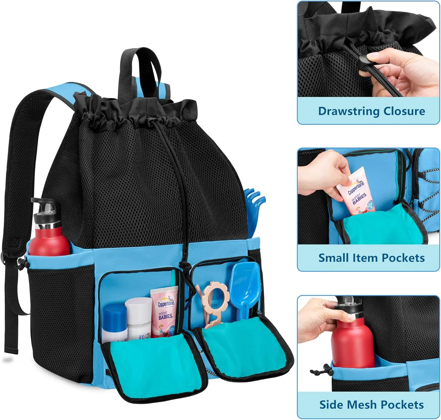 Fasrom Mesh Beach Bag Backpack with Waterproof Bag and Pocket, Large Drawstring Swim Backpack for Travel, Gym and Pool Sports