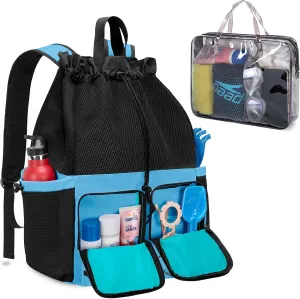 Fasrom Mesh Beach Bag Backpack with Waterproof Bag and Pocket, Large Drawstring Swim Backpack for Travel, Gym and Pool Sports