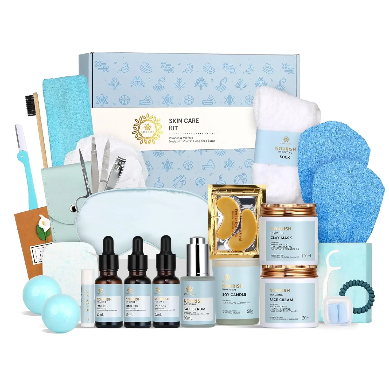 Father's Day Gift, Spa Gift Set, 28pcs Ylang Ylang Facial Skin Care Set includes Face Cream, Bath Oil, Shower Accessories, Clay Mask. Body & Facial Kit for Women & Men, Birthday, Christmas, Dad, Mom