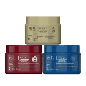 Felps Professional Hair Mask Treatment Kit, SOS Reconstruction, Marula Hypernutrition, Hydration Shine, 10.6 oz, Set of 3
