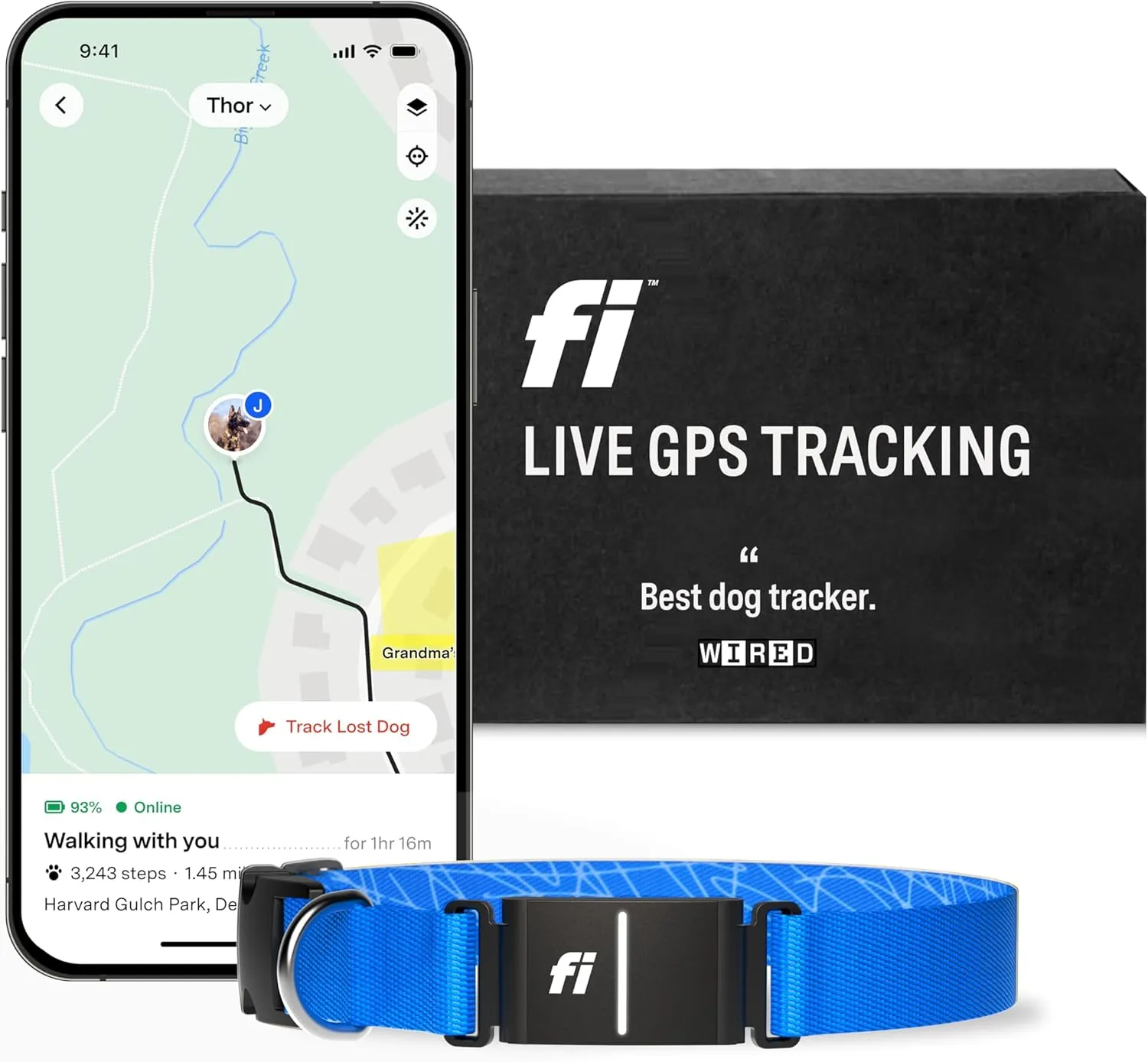 Fi Series 3 Smart Dog Collar - GPS Dog Tracker and Activity & Health Monitor, Waterproof, LED Light, Escape Alerts, Nationwide Coverage [Free 1 Year Membership] (Blue, Medium)