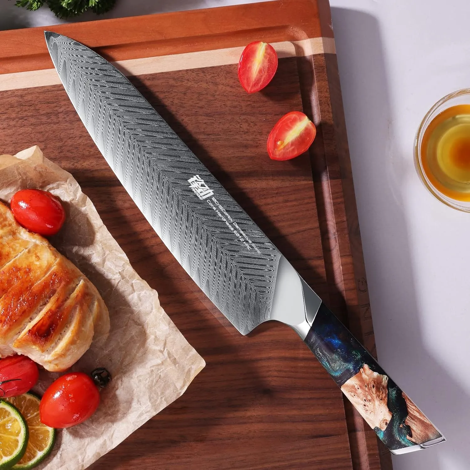 FINDKING Nebula Series Chef Knife with ABS Sheath, Multipurpose Japanese Gyuto Knife, 10Cr15CoMov Damascus Steel Blade, Resin and Figured Sycamore wood Handle, Full Tang, 8 Inch, Blue, for Meat