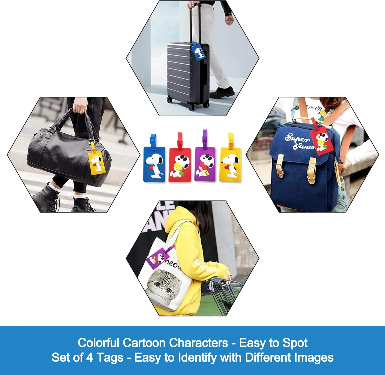 Finex 4 Pcs Set White Dog Rectangular Silicone Travel Luggage Baggage Identification Labels ID Tag for Bag Suitcase Plane Cruise Ships with Belt Strap