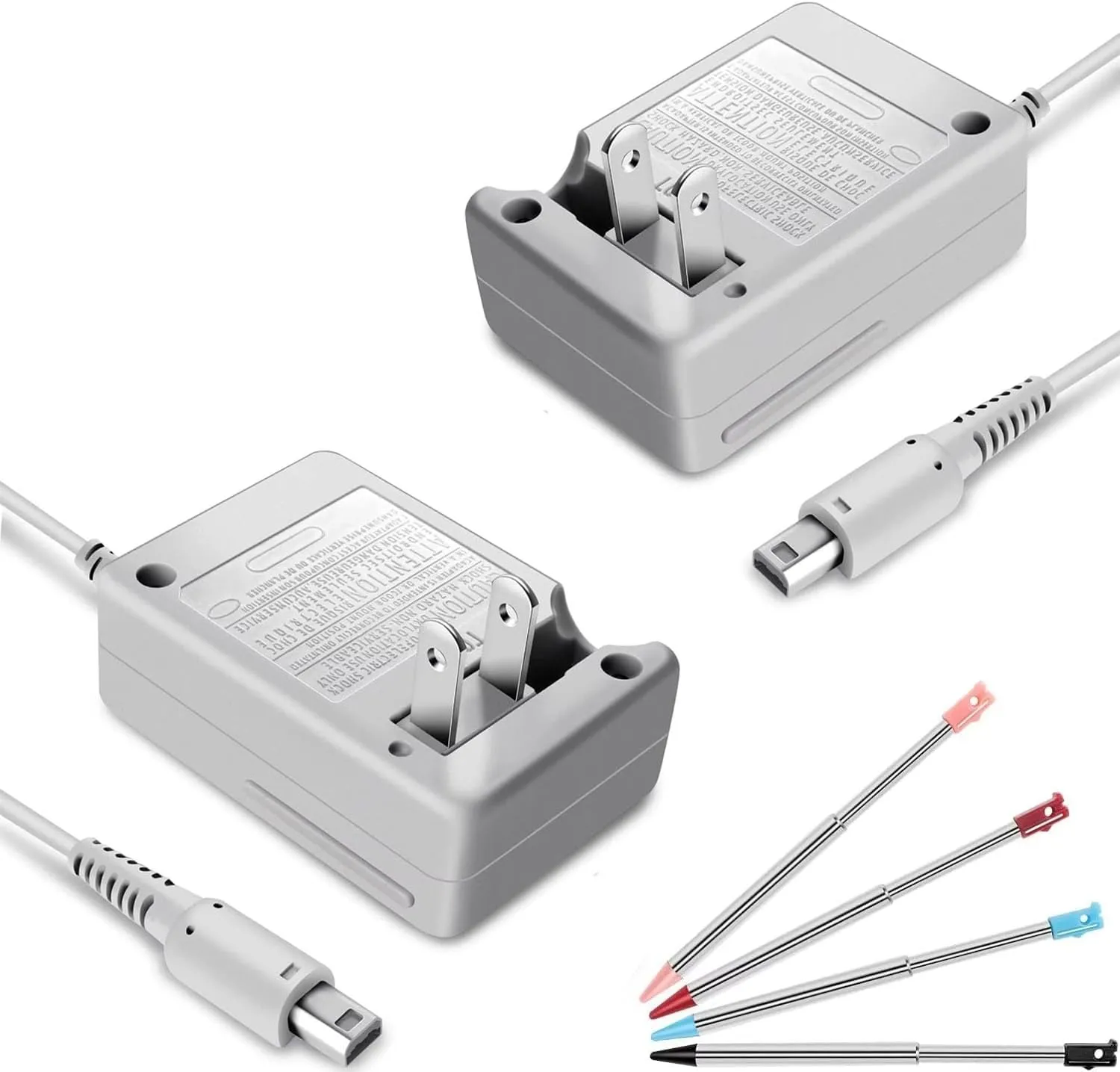 FIOTOK 3DS Charger Compatible with Nintendo 3DS/DSi/DSi XL/2DS/2DS XL/New 3DS XL/N3DS/N3DS XL/N2DS XL, 2 Pack with 4 Stylus, 100-240V Wall Plug Adapter
