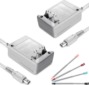 FIOTOK 3DS Charger Compatible with Nintendo 3DS/DSi/DSi XL/2DS/2DS XL/New 3DS XL/N3DS/N3DS XL/N2DS XL, 2 Pack with 4 Stylus, 100-240V Wall Plug Adapter