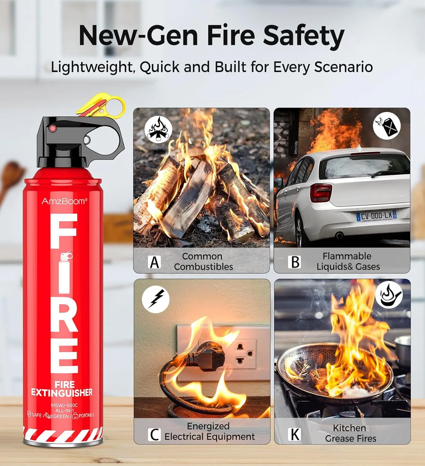 Fire Extinguisher for Home, Car, Kitchen, and Boat 3-Pack with Emergency Survival Kit, Portable Extinguishing Aerosol Spray Compact A, B, C, K – Includes Mounting Brackets for Easy Access.