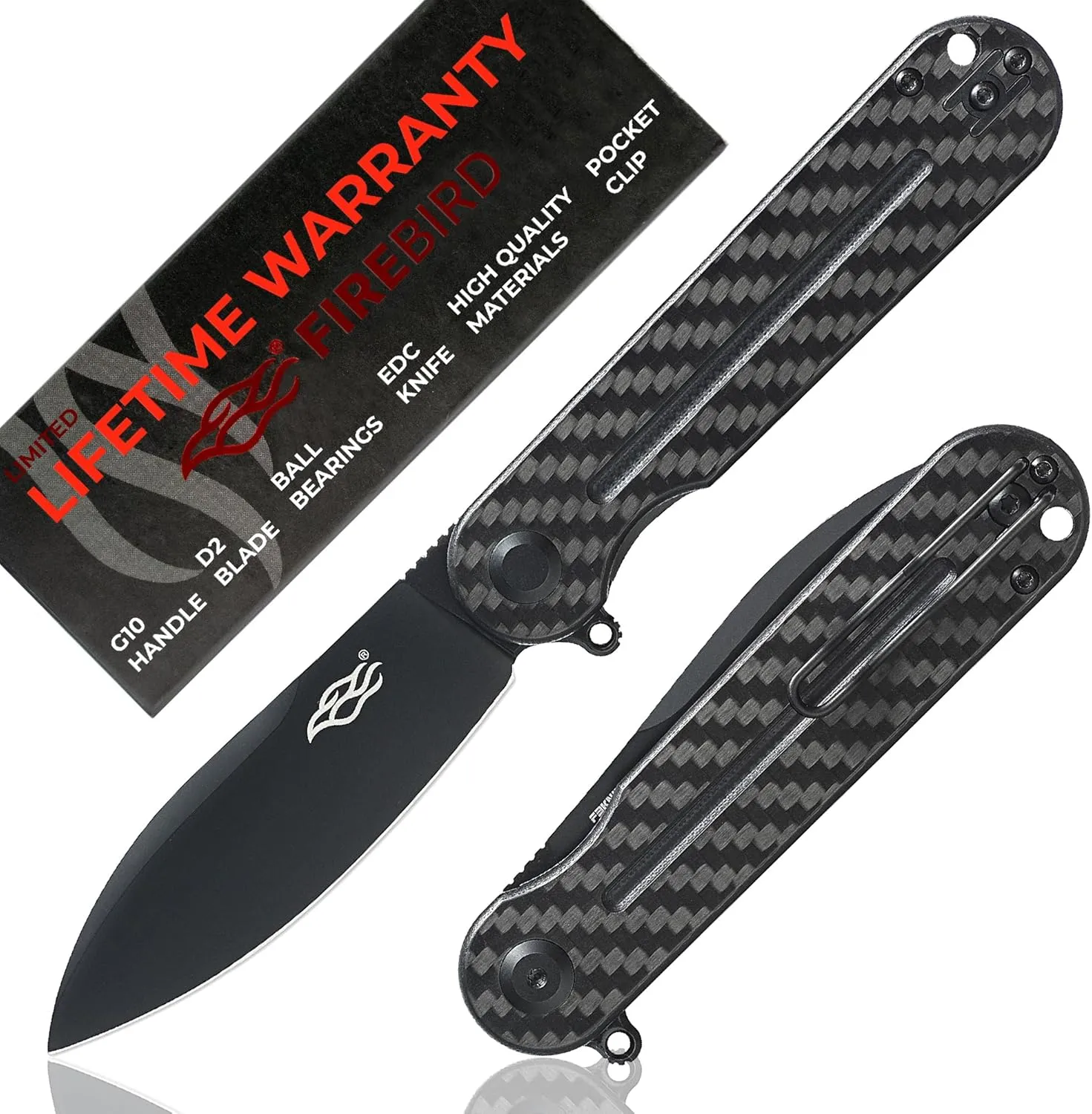 Firebird Ganzo FH922PT-CF Ball Bearing Pocket Folding Knife D2 Stainless Steel Black Blade G10 Anti-Slip Handle with Clip Outdoor Hunting Fishing Hiking Utility Knife Best Gift for Men (Carbon Fiber)