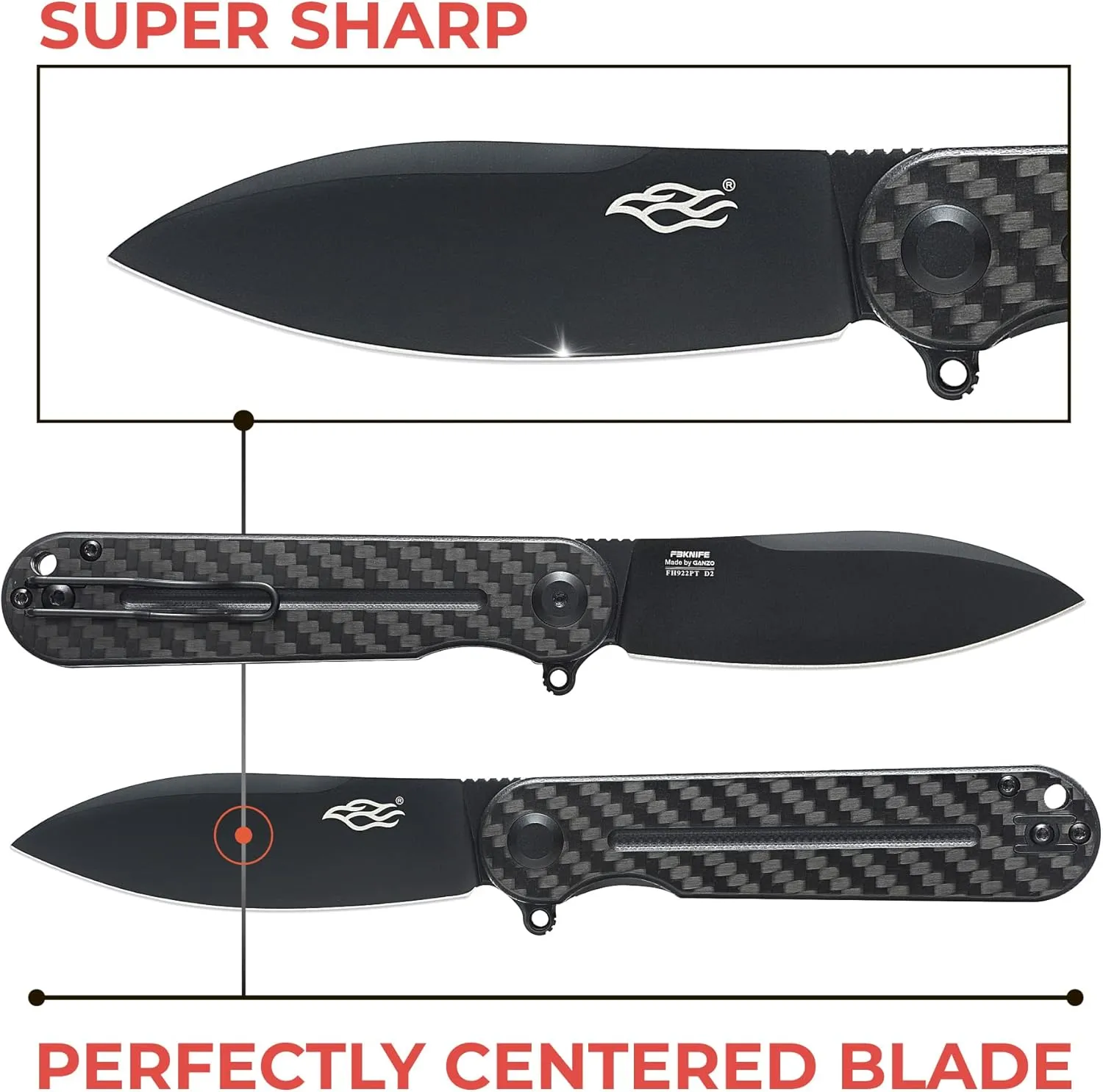 Firebird Ganzo FH922PT-CF Ball Bearing Pocket Folding Knife D2 Stainless Steel Black Blade G10 Anti-Slip Handle with Clip Outdoor Hunting Fishing Hiking Utility Knife Best Gift for Men (Carbon Fiber)