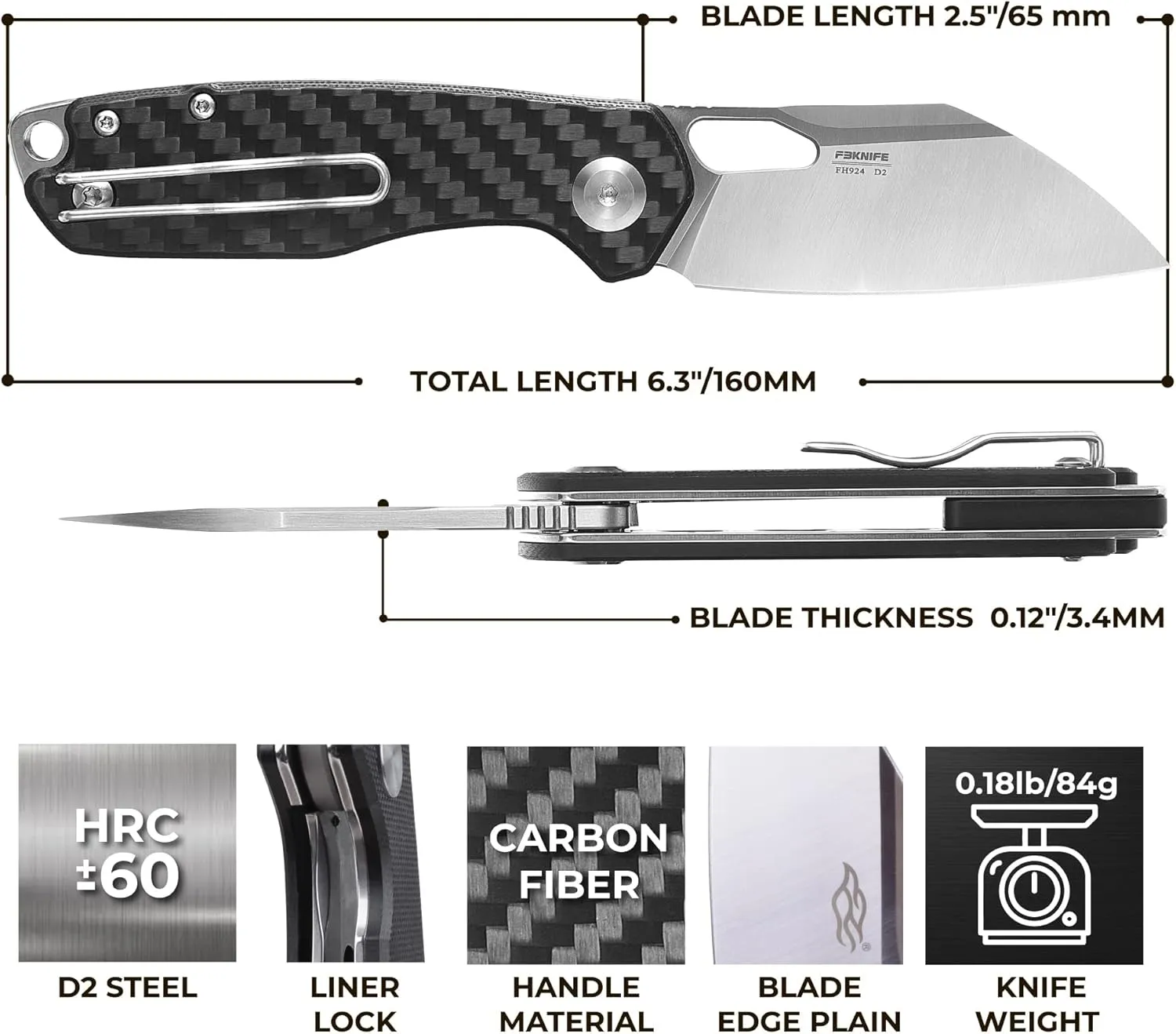 Firebird GANZO FH924-CF Ball Bearing Pocket Folding Knife Wharncliffe D2 Steel Blade G10 Anti-Slip Handle with Clip Camping Hunting Fishing Folder Outdoor EDC Pocket Knife (Carbon Fiber Black)