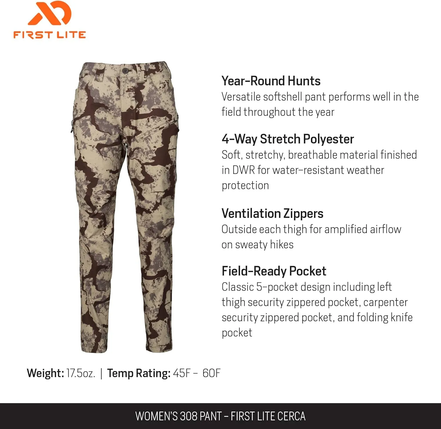 First Lite Women's 308 Pant - Stretch Camo Hunting Pants with Hip Vents