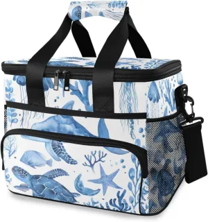 Fish Turtle Whale Coral Cooler Bag Insulated Cooler Soft Sided Cooler 24 Can Portable Picnic Bag Large Leakproof Lunch Bag Box for Beach Grocery Camping Travel Car Men Women