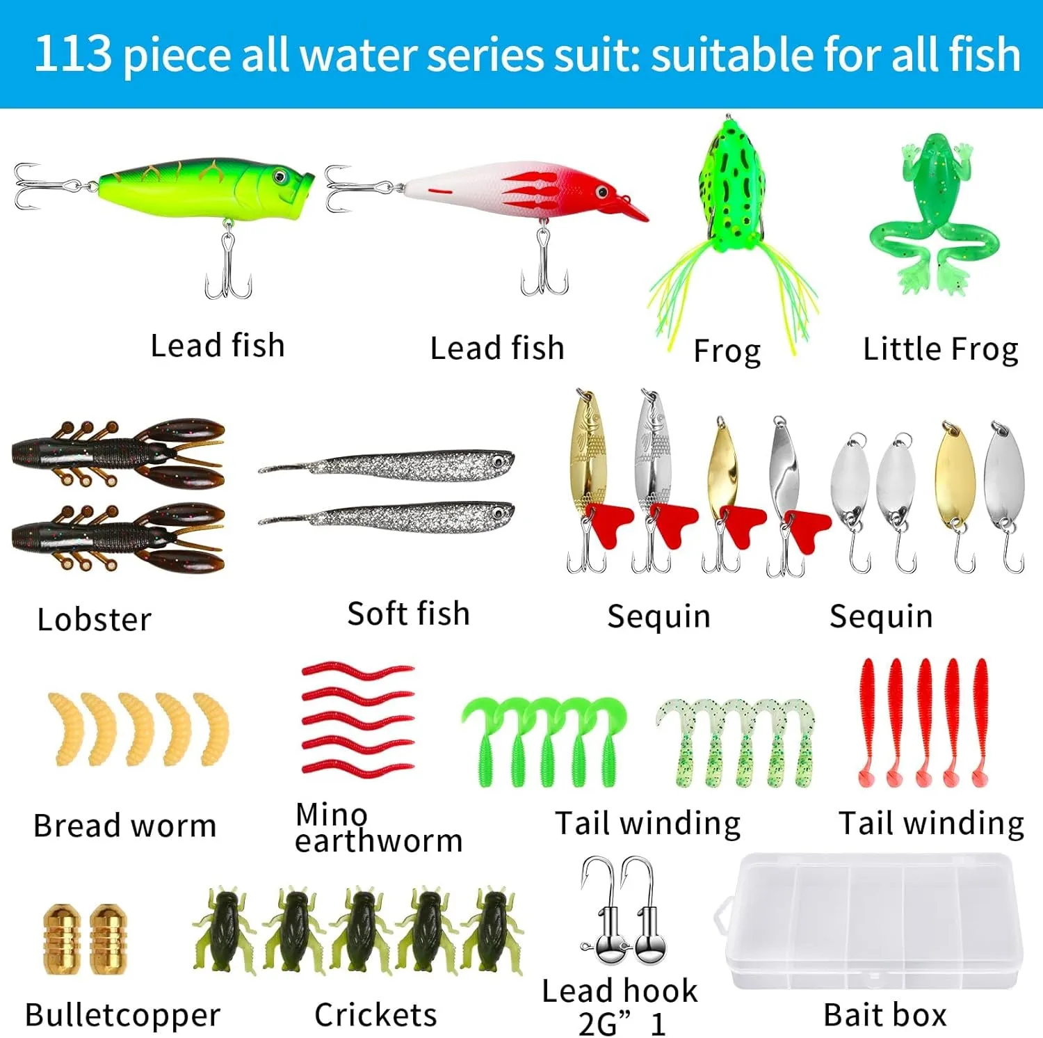 Fishing Tool Kit - 112pcs Fishing Gear & Equipment, Fish Pliers, Hook Remover, Scale, Scissors, Lip Gripper, Lures