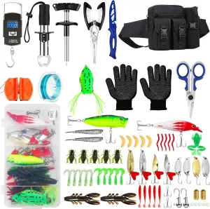 Fishing Tool Kit - 112pcs Fishing Gear & Equipment, Fish Pliers, Hook Remover, Scale, Scissors, Lip Gripper, Lures