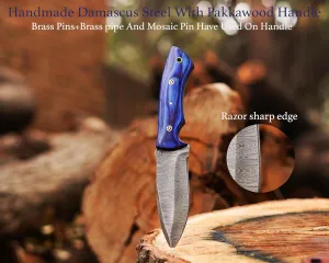 Fixed Blade Damascus Steel Hunting Knife with Leather Sheath, 9" Full Tang, Dark Blue Wood Handle