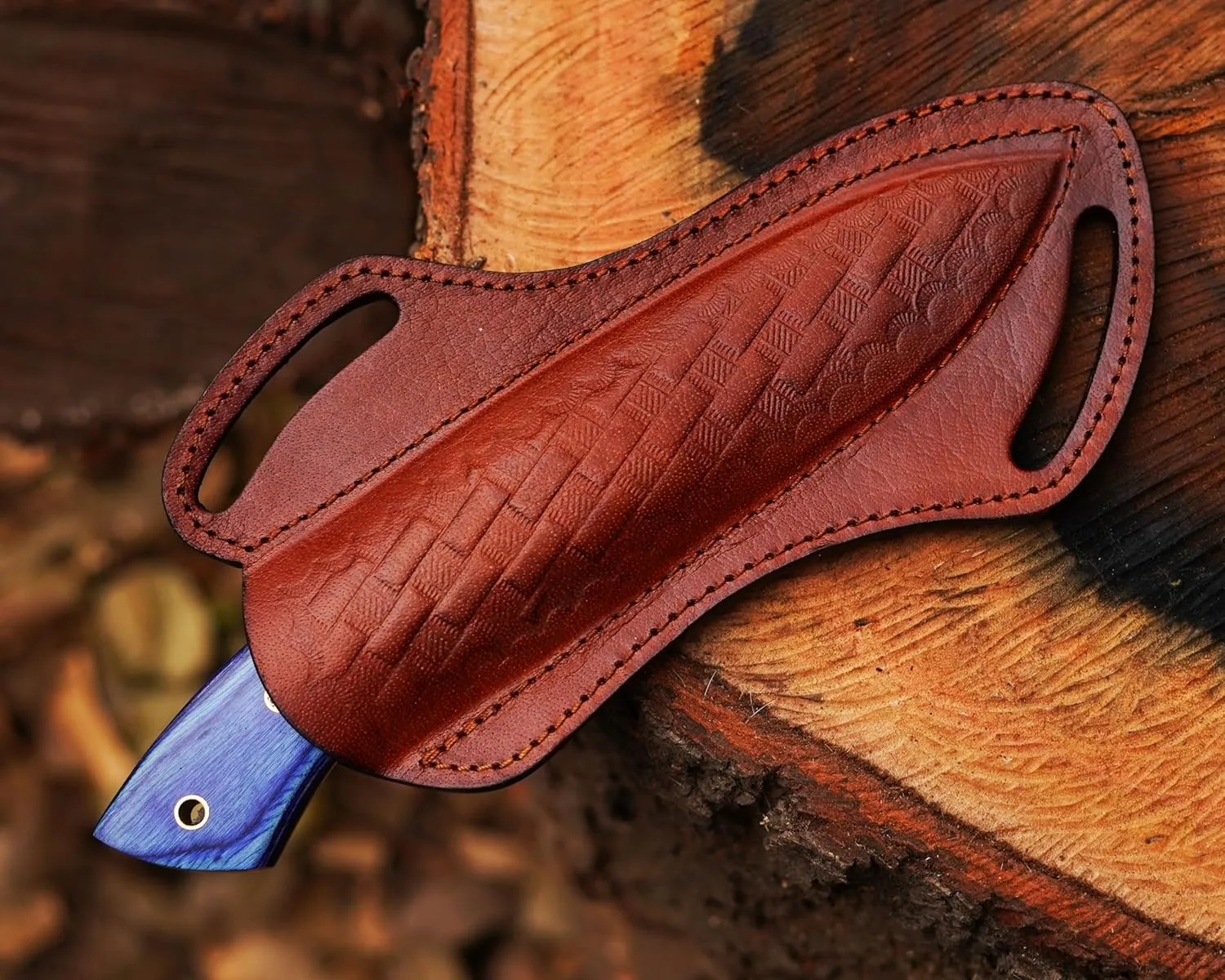 Fixed Blade Damascus Steel Hunting Knife with Leather Sheath, 9" Full Tang, Dark Blue Wood Handle