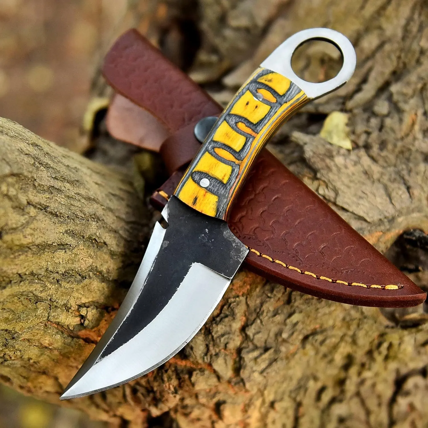 Fixed Blade Hunting Knife - Handmade Bushcraft Knife Carbon Steel Knife With Leather Sheath. Forged Full Tang Knife Pakka Wood Handle, Skinning Tracker Knife For Men and Women | EDC Razor Sharp Blade.